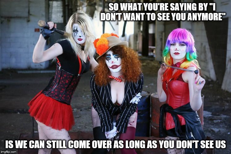 That's what it sounds like | SO WHAT YOU'RE SAYING BY "I DON'T WANT TO SEE YOU ANYMORE"; IS WE CAN STILL COME OVER AS LONG AS YOU DON'T SEE US | image tagged in cute clowns,girl clowns,clowns | made w/ Imgflip meme maker