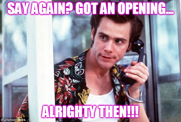 Ace Ventura on phone | SAY AGAIN? GOT AN OPENING... ALRIGHTY THEN!!! | image tagged in ace ventura on phone | made w/ Imgflip meme maker