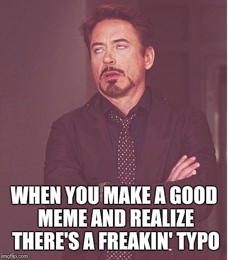 Face You Make Robert Downey Jr | WHEN YOU MAKE A GOOD MEME AND REALIZE THERE'S A FREAKIN' TYPO | image tagged in memes,face you make robert downey jr | made w/ Imgflip meme maker