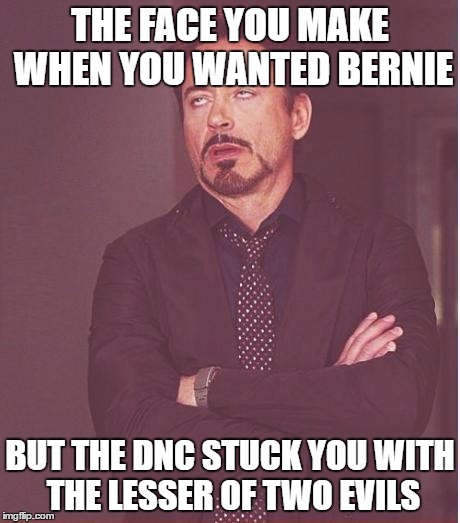 Face You Make Robert Downey Jr Meme | THE FACE YOU MAKE WHEN YOU WANTED BERNIE; BUT THE DNC STUCK YOU WITH THE LESSER OF TWO EVILS | image tagged in memes,face you make robert downey jr | made w/ Imgflip meme maker