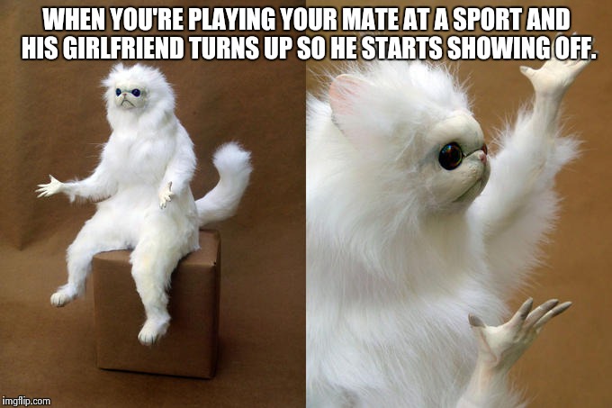 Persian Cat Room Guardian Meme | WHEN YOU'RE PLAYING YOUR MATE AT A SPORT AND HIS GIRLFRIEND TURNS UP SO HE STARTS SHOWING OFF. | image tagged in memes,persian cat room guardian | made w/ Imgflip meme maker