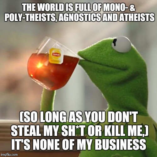 But That's None Of My Business Meme | THE WORLD IS FULL OF MONO- & POLY-THEISTS, AGNOSTICS AND ATHEISTS (SO LONG AS YOU DON'T STEAL MY SH*T OR KILL ME,) IT'S NONE OF MY BUSINESS | image tagged in memes,but thats none of my business,kermit the frog | made w/ Imgflip meme maker
