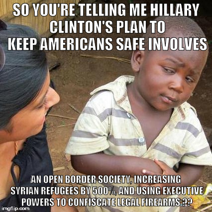 Third World Skeptical Kid | SO YOU'RE TELLING ME HILLARY CLINTON'S PLAN TO KEEP AMERICANS SAFE INVOLVES; AN OPEN BORDER SOCIETY, INCREASING SYRIAN REFUGEES BY 500%, AND USING EXECUTIVE POWERS TO CONFISCATE LEGAL FIREARMS ?? | image tagged in memes,third world skeptical kid | made w/ Imgflip meme maker