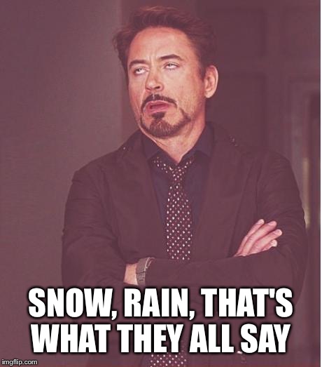 Face You Make Robert Downey Jr Meme | SNOW, RAIN, THAT'S WHAT THEY ALL SAY | image tagged in memes,face you make robert downey jr | made w/ Imgflip meme maker