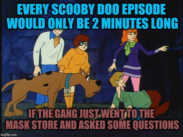 scooby doo  | EVERY SCOOBY DOO EPISODE WOULD ONLY BE 2 MINUTES LONG; IF THE GANG JUST WENT TO THE MASK STORE AND ASKED SOME QUESTIONS | image tagged in scooby doo | made w/ Imgflip meme maker