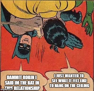 Batman Slapping Robin Meme | I JUST WANTED TO SEE WHAT IT FELT LIKE TO HANG ON THE CEILING; DAMMIT ROBIN I SAID IM THE BAT IN THIS RELATIONSHIP | image tagged in memes,batman slapping robin | made w/ Imgflip meme maker