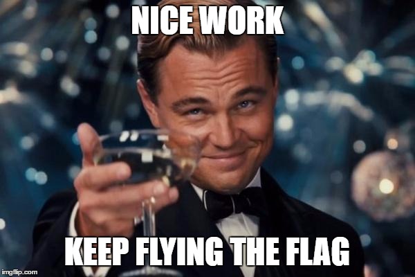 Leonardo Dicaprio Cheers Meme | NICE WORK KEEP FLYING THE FLAG | image tagged in memes,leonardo dicaprio cheers | made w/ Imgflip meme maker