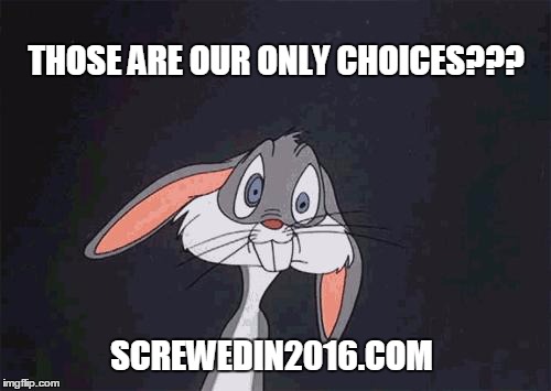 Worst thing is, we'll get the one we deserve. | THOSE ARE OUR ONLY CHOICES??? SCREWEDIN2016.COM | image tagged in bugs bunny crazy face,trump 2016,hillary clinton 2016,gary johnson | made w/ Imgflip meme maker