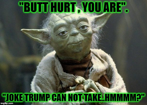 the butthurt is strong | "BUTT HURT , YOU ARE". "JOKE TRUMP CAN NOT TAKE..HMMMM?" | image tagged in the butthurt is strong | made w/ Imgflip meme maker