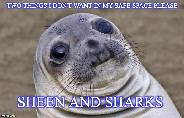 Awkward Moment Sealion Meme | TWO THINGS I DON'T WANT IN MY SAFE SPACE PLEASE SHEEN AND SHARKS | image tagged in memes,awkward moment sealion | made w/ Imgflip meme maker