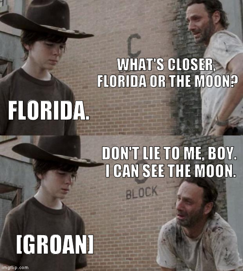 Rick and Carl | WHAT'S CLOSER, FLORIDA OR THE MOON? FLORIDA. DON'T LIE TO ME, BOY. I CAN SEE THE MOON. [GROAN] | image tagged in memes,rick and carl | made w/ Imgflip meme maker