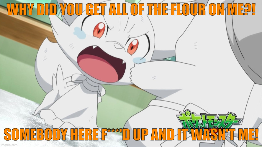 Perfect reaction | WHY DID YOU GET ALL OF THE FLOUR ON ME?! SOMEBODY HERE F***'D UP AND IT WASN'T ME! | image tagged in angry fennekin | made w/ Imgflip meme maker