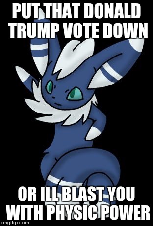 Meowstic | PUT THAT DONALD TRUMP VOTE DOWN OR ILL BLAST YOU WITH PHYSIC POWER | image tagged in meowstic | made w/ Imgflip meme maker