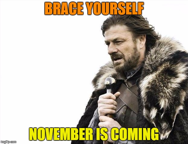 No matter who wins, it's probably the end of the world.  So stock up on water and food supplies! ;) | BRACE YOURSELF; NOVEMBER IS COMING | image tagged in memes,brace yourselves x is coming | made w/ Imgflip meme maker