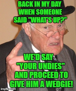 Back In My Day | BACK IN MY DAY WHEN SOMEONE SAID "WHAT'S UP?"; WE'D SAY    "YOUR UNDIES"  AND PROCEED TO GIVE HIM A WEDGIE! | image tagged in memes,back in my day,wedgie,wazzup | made w/ Imgflip meme maker
