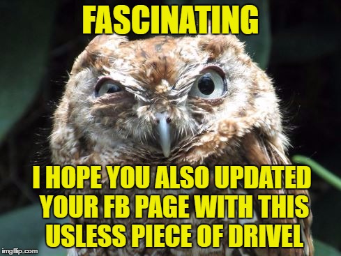 FASCINATING I HOPE YOU ALSO UPDATED YOUR FB PAGE WITH THIS USLESS PIECE OF DRIVEL | made w/ Imgflip meme maker