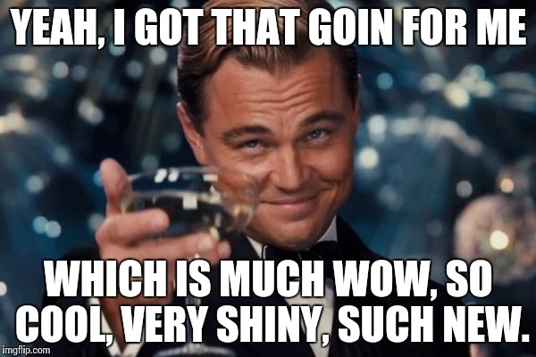 Leonardo Dicaprio Cheers Meme | YEAH, I GOT THAT GOIN FOR ME WHICH IS MUCH WOW, SO COOL, VERY SHINY, SUCH NEW. | image tagged in memes,leonardo dicaprio cheers | made w/ Imgflip meme maker