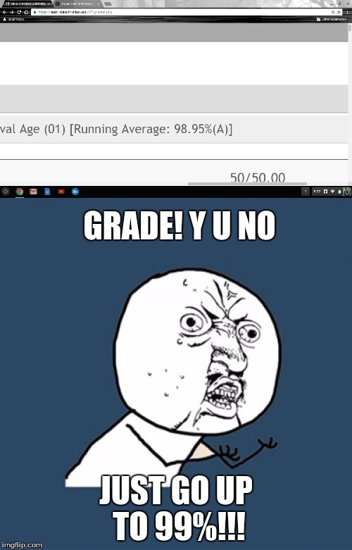 My grade has been between 98% and 99% for the past three weeks! It's rising very gradually... | GRADE! Y U NO; JUST GO UP TO 99%!!! | image tagged in memes,y u no,grades | made w/ Imgflip meme maker