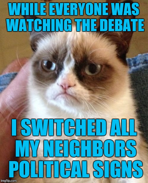 Grumpy Cat Meme | WHILE EVERYONE WAS WATCHING THE DEBATE; I SWITCHED ALL MY NEIGHBORS POLITICAL SIGNS | image tagged in memes,grumpy cat | made w/ Imgflip meme maker