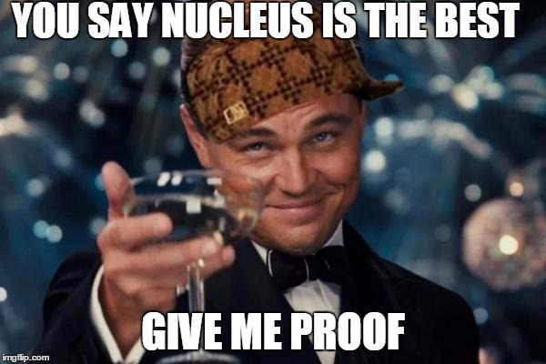 Leonardo Dicaprio Cheers Meme | YOU SAY NUCLEUS IS THE BEST; GIVE ME PROOF | image tagged in memes,leonardo dicaprio cheers,scumbag | made w/ Imgflip meme maker