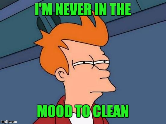Futurama Fry Meme | I'M NEVER IN THE MOOD TO CLEAN | image tagged in memes,futurama fry | made w/ Imgflip meme maker