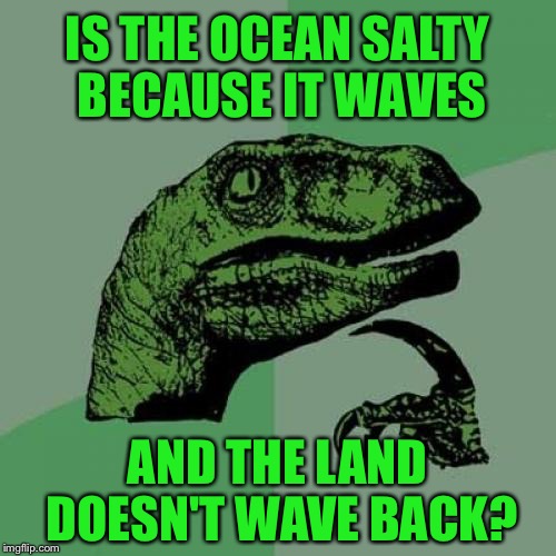 Philosoraptor Meme | IS THE OCEAN SALTY BECAUSE IT WAVES; AND THE LAND DOESN'T WAVE BACK? | image tagged in memes,philosoraptor,salty,ocean,waves,funny | made w/ Imgflip meme maker