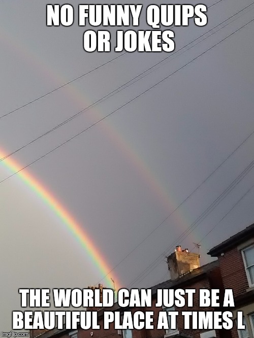 NO FUNNY QUIPS OR JOKES; THE WORLD CAN JUST BE A BEAUTIFUL PLACE AT TIMES L | image tagged in rainbow | made w/ Imgflip meme maker