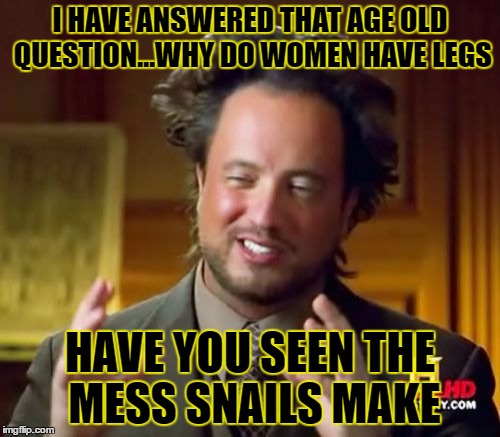 Ancient Aliens | I HAVE ANSWERED THAT AGE OLD QUESTION...WHY DO WOMEN HAVE LEGS; HAVE YOU SEEN THE MESS SNAILS MAKE | image tagged in memes,ancient aliens | made w/ Imgflip meme maker