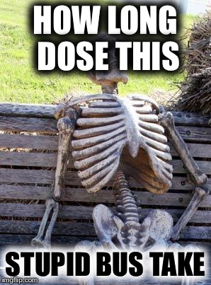 Waiting Skeleton Meme | HOW LONG DOSE THIS; STUPID BUS TAKE | image tagged in memes,waiting skeleton | made w/ Imgflip meme maker