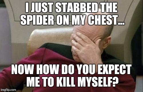 Captain Picard Facepalm | I JUST STABBED THE SPIDER ON MY CHEST... NOW HOW DO YOU EXPECT ME TO KILL MYSELF? | image tagged in memes,captain picard facepalm | made w/ Imgflip meme maker