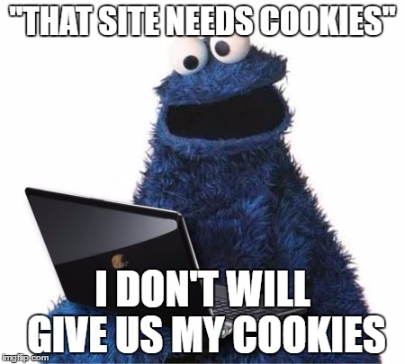 just a aleatory meme | "THAT SITE NEEDS COOKIES"; I DON'T WILL GIVE US MY COOKIES | image tagged in cookie monster computer | made w/ Imgflip meme maker