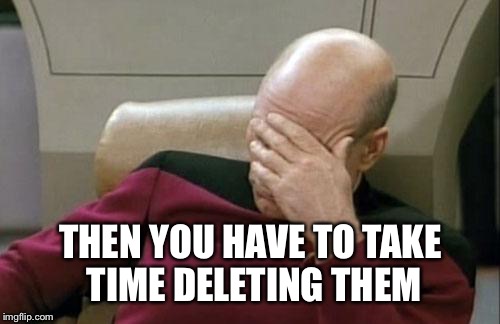 Captain Picard Facepalm Meme | THEN YOU HAVE TO TAKE TIME DELETING THEM | image tagged in memes,captain picard facepalm | made w/ Imgflip meme maker