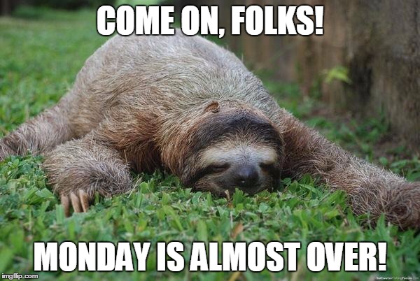 Sloth Monday | COME ON, FOLKS! MONDAY IS ALMOST OVER! | image tagged in sloth monday | made w/ Imgflip meme maker