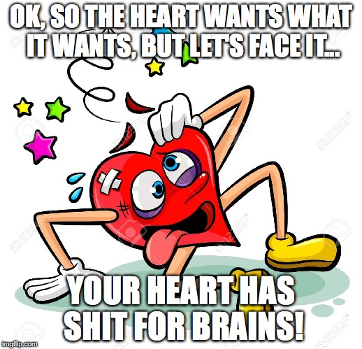 heart wants what it wants | OK, SO THE HEART WANTS WHAT IT WANTS, BUT LET'S FACE IT... YOUR HEART HAS SHIT FOR BRAINS! | image tagged in brains | made w/ Imgflip meme maker
