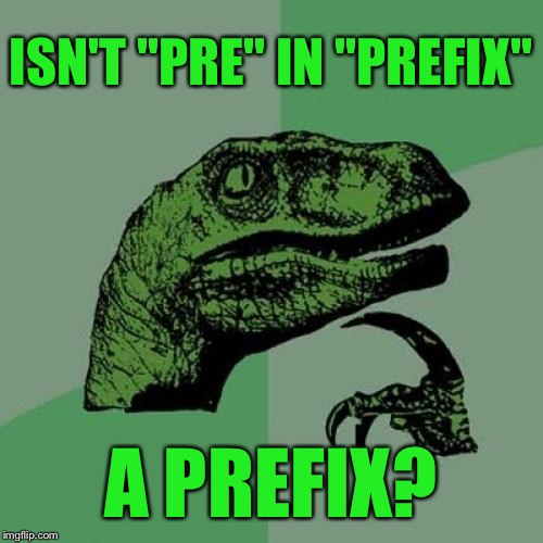 Philosoraptor | ISN'T "PRE" IN "PREFIX"; A PREFIX? | image tagged in memes,philosoraptor,english,grammar,words,funny | made w/ Imgflip meme maker
