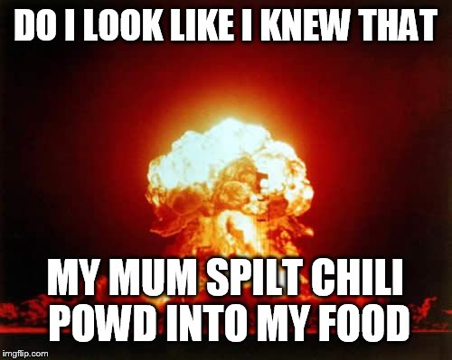 Nuclear Explosion | DO I LOOK LIKE I KNEW THAT; MY MUM SPILT CHILI POWD INTO MY FOOD | image tagged in memes,nuclear explosion | made w/ Imgflip meme maker