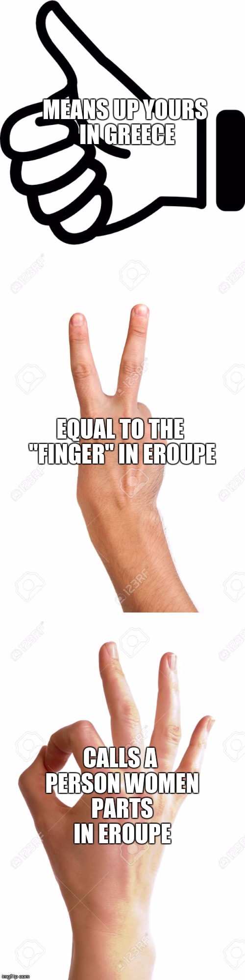 Things you will want to know before traveling overseas. | MEANS UP YOURS IN GREECE; EQUAL TO THE "FINGER" IN EROUPE; CALLS A PERSON WOMEN PARTS IN EROUPE | image tagged in helpful | made w/ Imgflip meme maker