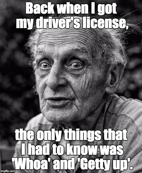 Old man | Back when I got my driver's license, the only things that I had to know was 'Whoa' and 'Getty up'. | image tagged in old man | made w/ Imgflip meme maker