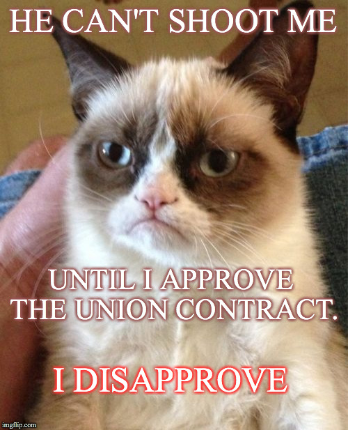 Grumpy Cat Meme | HE CAN'T SHOOT ME UNTIL I APPROVE THE UNION CONTRACT. I DISAPPROVE | image tagged in memes,grumpy cat | made w/ Imgflip meme maker