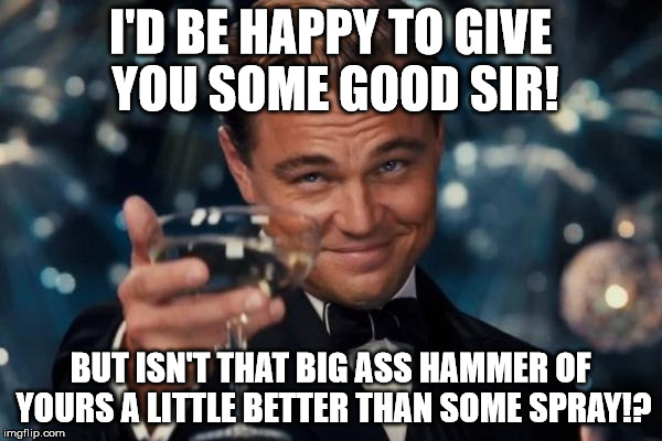 Leonardo Dicaprio Cheers Meme | I'D BE HAPPY TO GIVE YOU SOME GOOD SIR! BUT ISN'T THAT BIG ASS HAMMER OF YOURS A LITTLE BETTER THAN SOME SPRAY!? | image tagged in memes,leonardo dicaprio cheers | made w/ Imgflip meme maker
