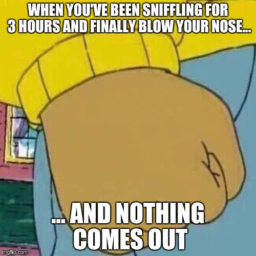Arthur fist | WHEN YOU'VE BEEN SNIFFLING FOR 3 HOURS AND FINALLY BLOW YOUR NOSE... ... AND NOTHING COMES OUT | image tagged in arthur fist | made w/ Imgflip meme maker