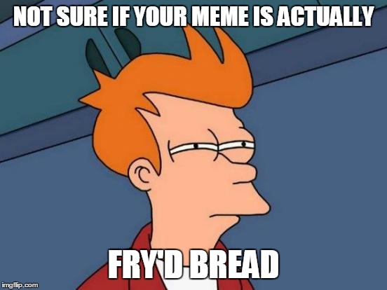 Futurama Fry Meme | NOT SURE IF YOUR MEME IS ACTUALLY FRY'D BREAD | image tagged in memes,futurama fry | made w/ Imgflip meme maker