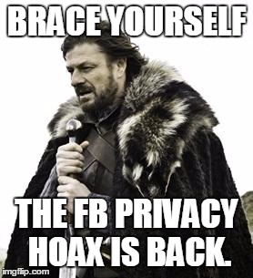 ned stark | BRACE YOURSELF; THE FB PRIVACY HOAX IS BACK. | image tagged in ned stark | made w/ Imgflip meme maker
