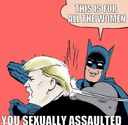 Batman slaps Trump | THIS IS FOR ALL THE WOMEN; YOU SEXUALLY ASSAULTED | image tagged in batman slaps trump | made w/ Imgflip meme maker