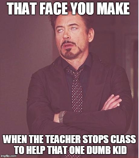 Face You Make Robert Downey Jr Meme | THAT FACE YOU MAKE; WHEN THE TEACHER STOPS CLASS TO HELP THAT ONE DUMB KID | image tagged in memes,face you make robert downey jr | made w/ Imgflip meme maker