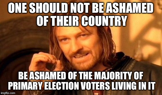 One Does Not Simply Meme | ONE SHOULD NOT BE ASHAMED OF THEIR COUNTRY BE ASHAMED OF THE MAJORITY OF PRIMARY ELECTION VOTERS LIVING IN IT | image tagged in memes,one does not simply | made w/ Imgflip meme maker