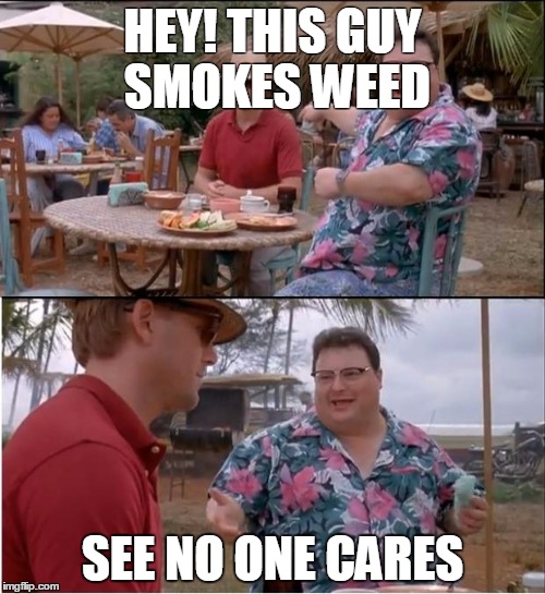See Nobody Cares | HEY! THIS GUY SMOKES WEED; SEE NO ONE CARES | image tagged in memes,see nobody cares | made w/ Imgflip meme maker