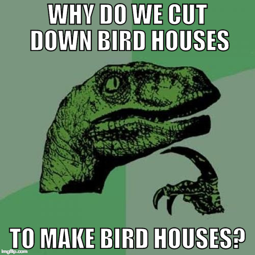 What? Are you a bird house hugger? | WHY DO WE CUT DOWN BIRD HOUSES; TO MAKE BIRD HOUSES? | image tagged in memes,philosoraptor,bird,bacon | made w/ Imgflip meme maker
