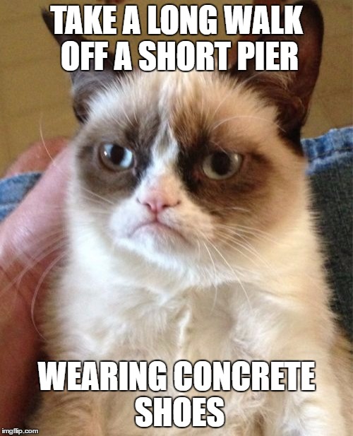 For People Who Annoy Me That Can Swim | TAKE A LONG WALK OFF A SHORT PIER; WEARING CONCRETE SHOES | image tagged in memes,grumpy cat | made w/ Imgflip meme maker