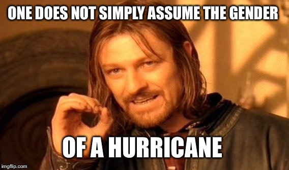 One Does Not Simply Meme | ONE DOES NOT SIMPLY ASSUME THE GENDER OF A HURRICANE | image tagged in memes,one does not simply | made w/ Imgflip meme maker